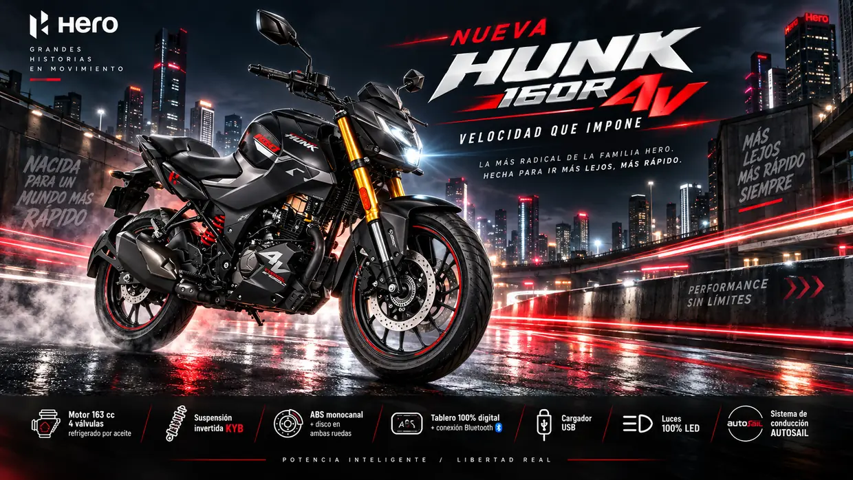 Cartel de campaña de Hero Hunk 160R 4V: Máxima potencia y tecnología en una naked urbana de 4 válvulas