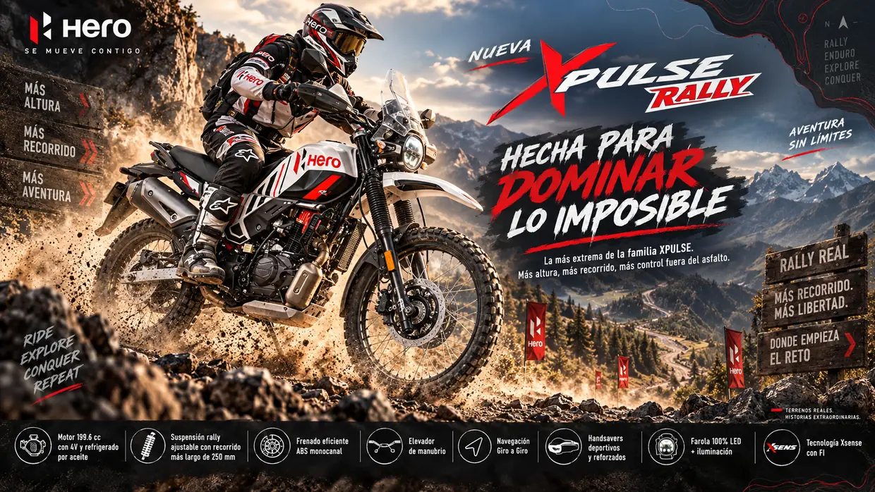 Cartel de campaña de Hero Xpulse 200 4V Rally: Inspirada en el Dakar